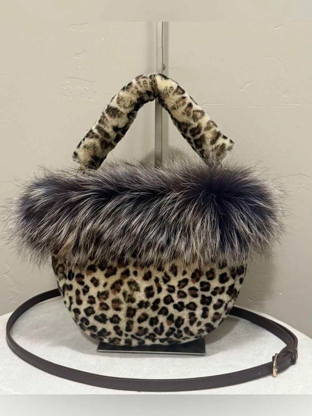 Handmade Leopard Print Shearling Leather Bag With Real Fox Fur Trim, 2 Straps